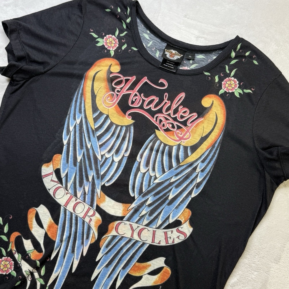 Harley Davidson Womens XL Graphic T Shirt Wings Tiger‎ Biker Tee